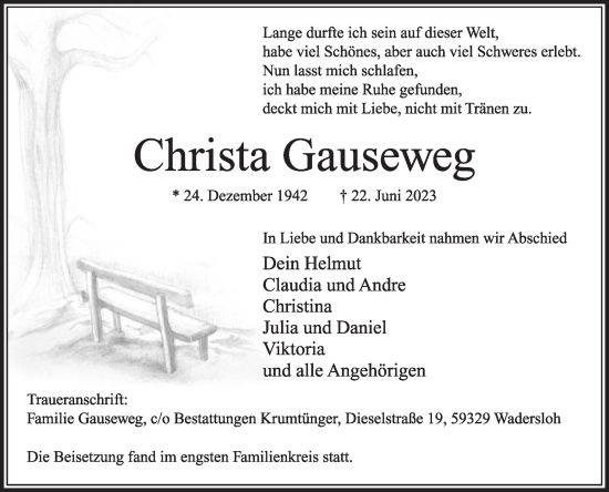 Traueranzeige von Christa Gauseweg von Die Glocke