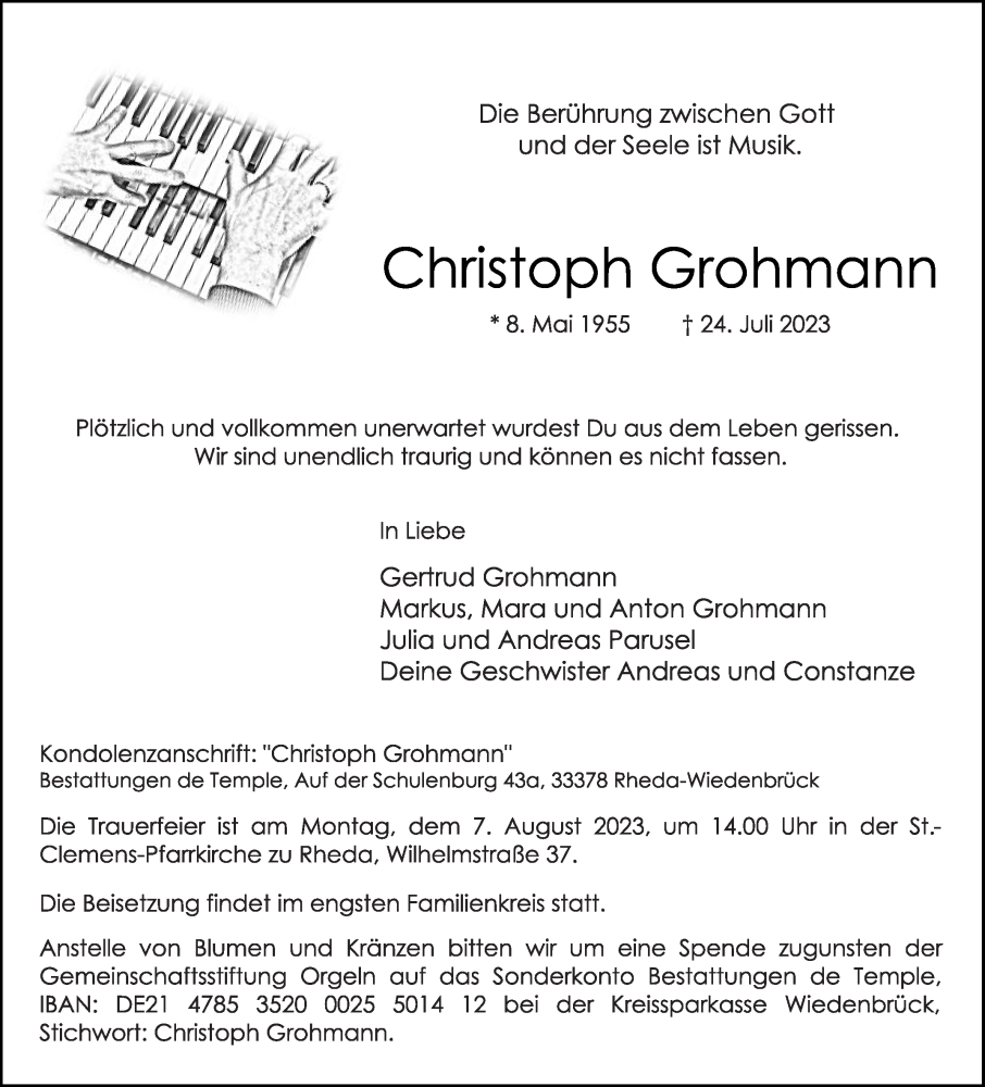  Traueranzeige für Christoph Grohmann vom 29.07.2023 aus Die Glocke