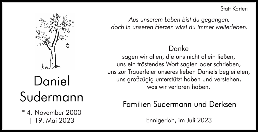  Traueranzeige für Daniel Sudermann vom 01.07.2023 aus Die Glocke
