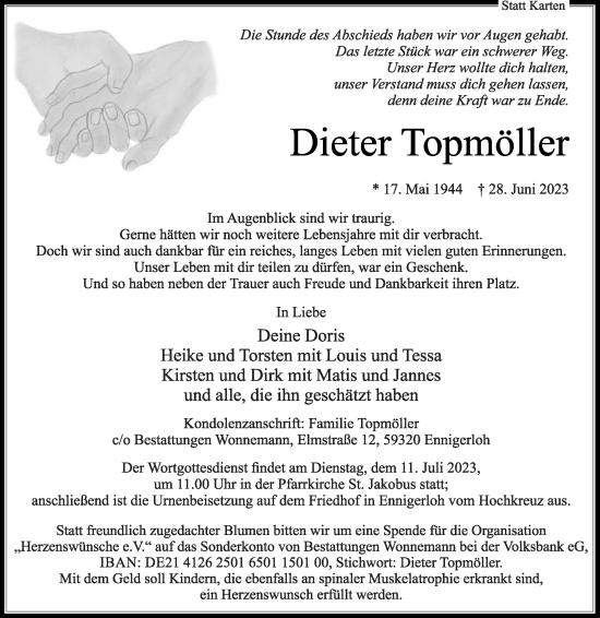 Traueranzeige von Dieter Topmöller von Die Glocke
