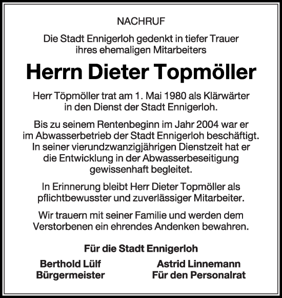 Traueranzeige von Dieter Topmöller von Die Glocke