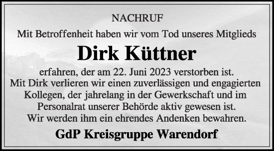 Traueranzeige von Dirk Küttner von Die Glocke