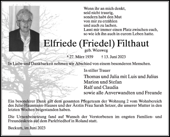 Traueranzeige von Elfriede Filthaut von Die Glocke