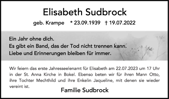 Traueranzeige von Elisabeth Sudbrock von Die Glocke