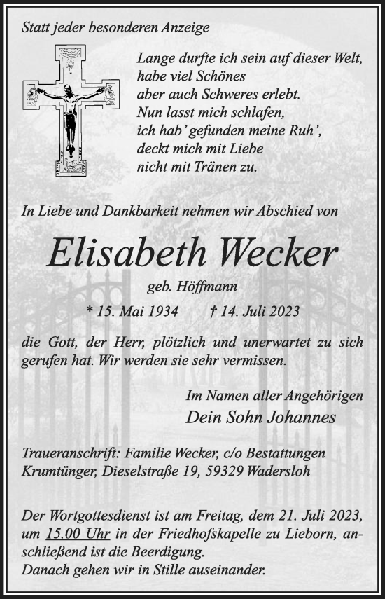 Traueranzeige von Elisabeth Wecker von Die Glocke