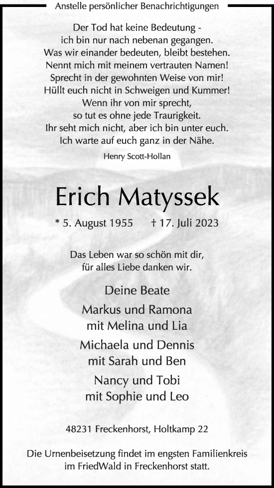 Traueranzeige von Erich Matyssek von Die Glocke