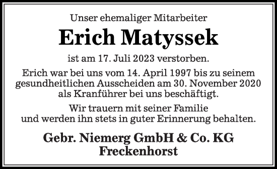 Traueranzeige von Erich Matyssek von Die Glocke