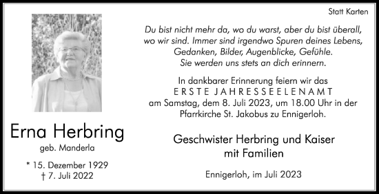 Traueranzeige von Erna Herbring von Die Glocke