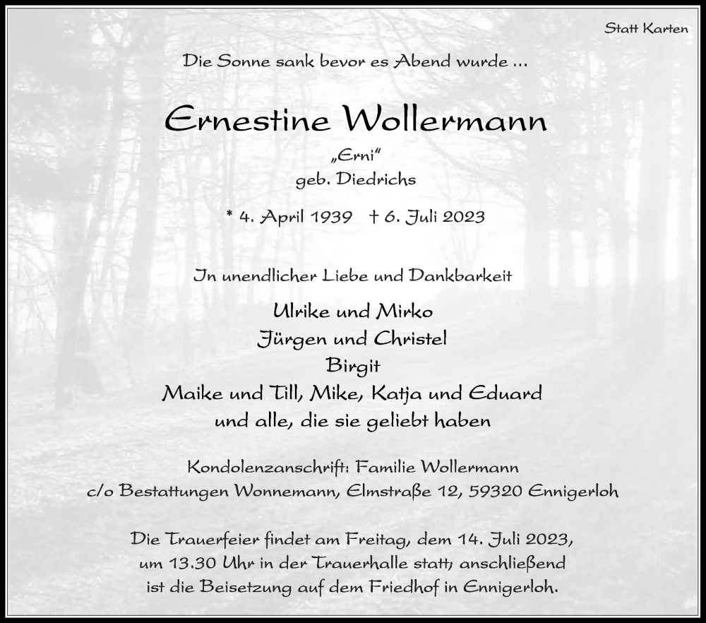  Traueranzeige für Ernestine Wollermann vom 11.07.2023 aus Die Glocke