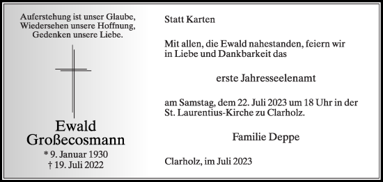 Traueranzeige von Ewald Großecosmann von Die Glocke