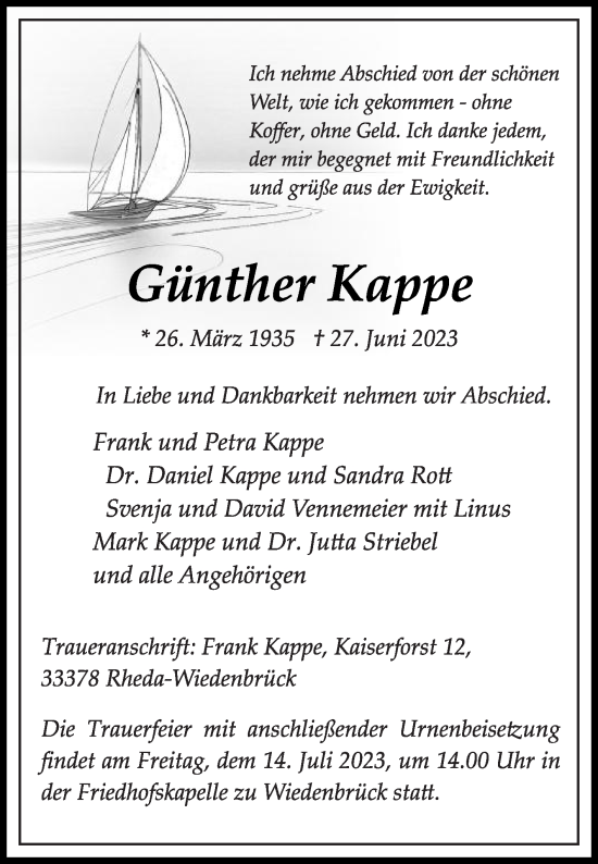Traueranzeige von Günther Kappe von Die Glocke