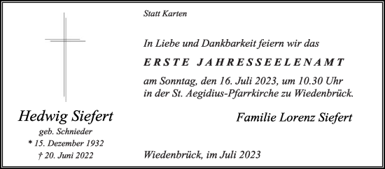 Traueranzeige von Hedwig Siefert von Die Glocke
