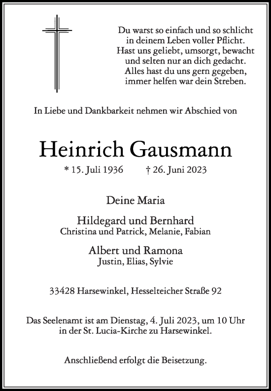 Traueranzeige von Heinrich Gausmann von Die Glocke
