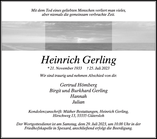 Traueranzeige von Heinrich Gerling von Die Glocke