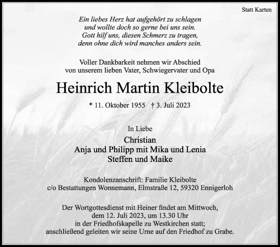 Traueranzeige von Heinrich Martin Kleibolte von Die Glocke