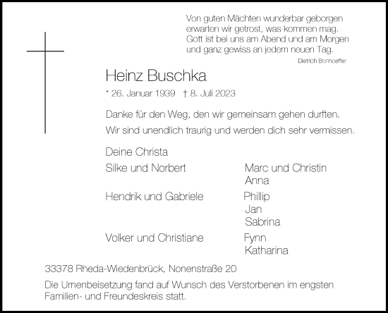 Traueranzeige von Heinz Buschka von Die Glocke