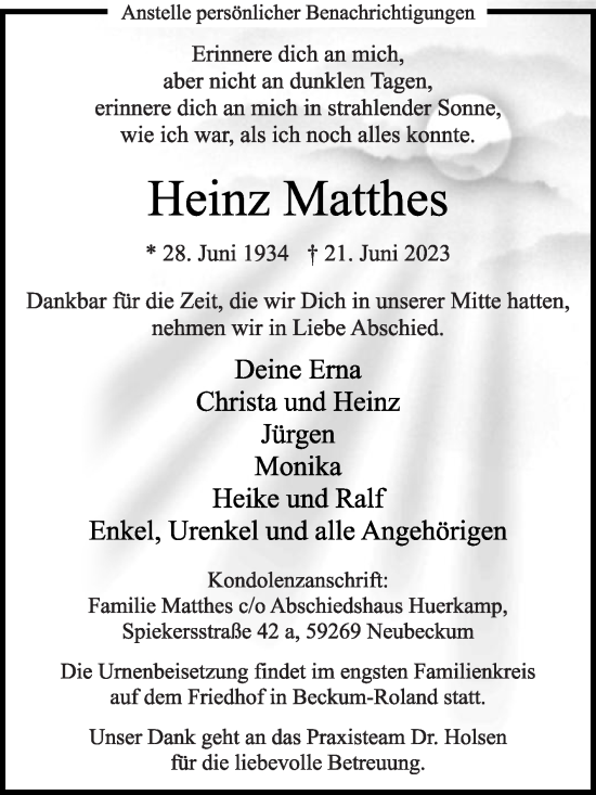 Traueranzeige von Heinz Matthes von Die Glocke