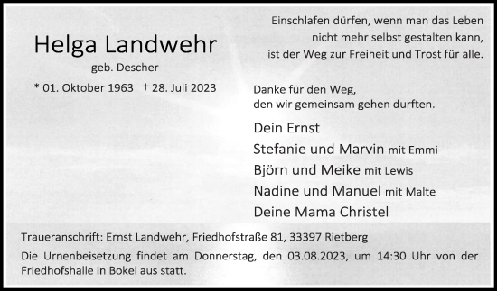 Traueranzeige von Helga Landwehr von Die Glocke