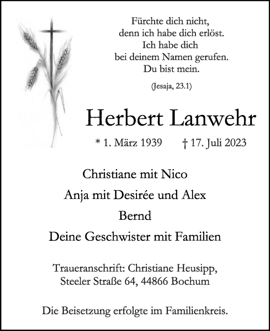 Traueranzeige von Herbert Lanwehr von Die Glocke