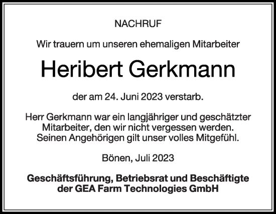 Traueranzeige von Heribert Gerkmann von Die Glocke