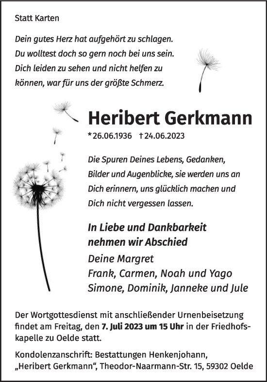 Traueranzeige von Heribert Gerkmann von Die Glocke