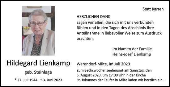 Traueranzeige von Hildegard Lienkamp von Die Glocke