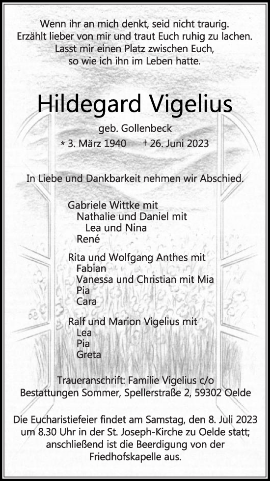 Traueranzeige von Hildegard Vigelius von Die Glocke