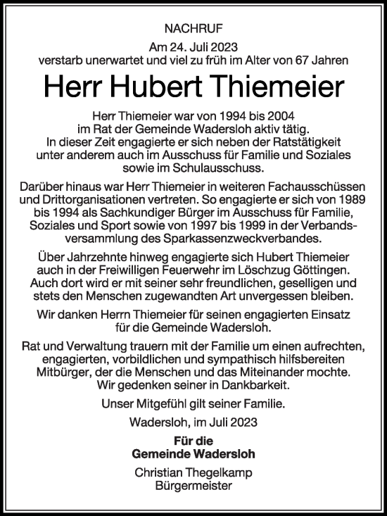 Traueranzeige von Hubert Thiemeier von Die Glocke