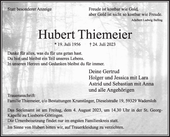 Traueranzeige von Hubert Thiemeier von Die Glocke