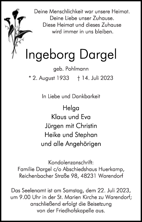 Traueranzeige von Ingeborg Dargel von Die Glocke