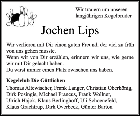 Traueranzeige von Jochen Lips von Die Glocke