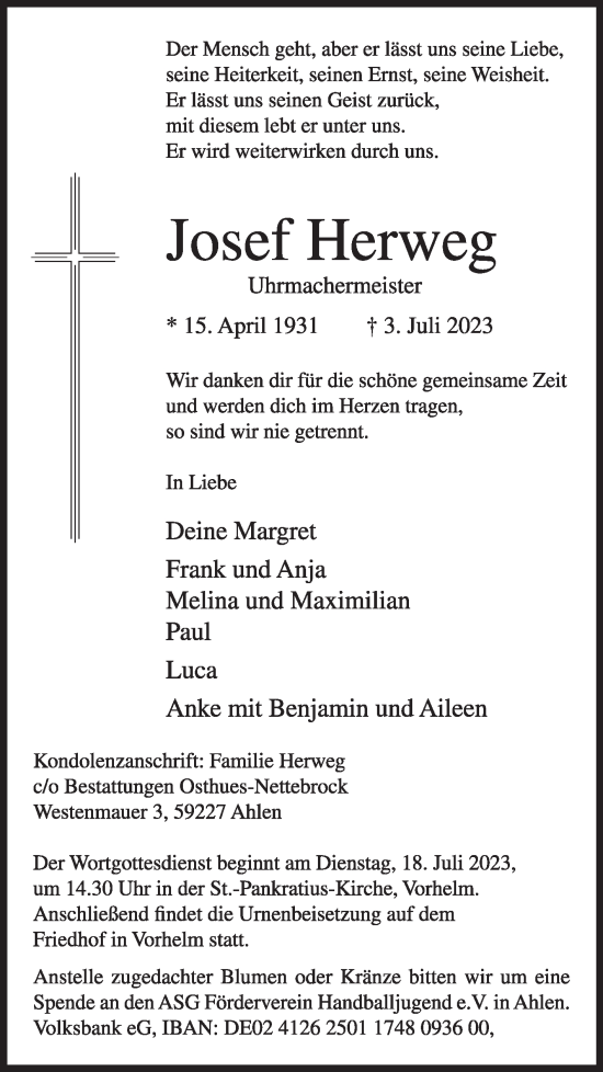 Traueranzeige von Josef Herweg von Die Glocke