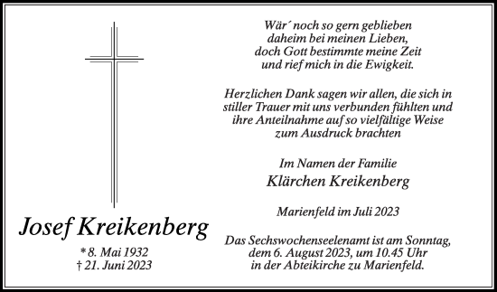 Traueranzeige von Josef Kreikenberg von Die Glocke