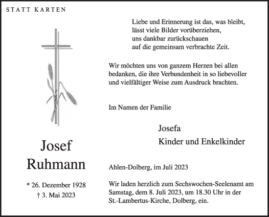 Traueranzeige von Josef Ruhmann von Die Glocke