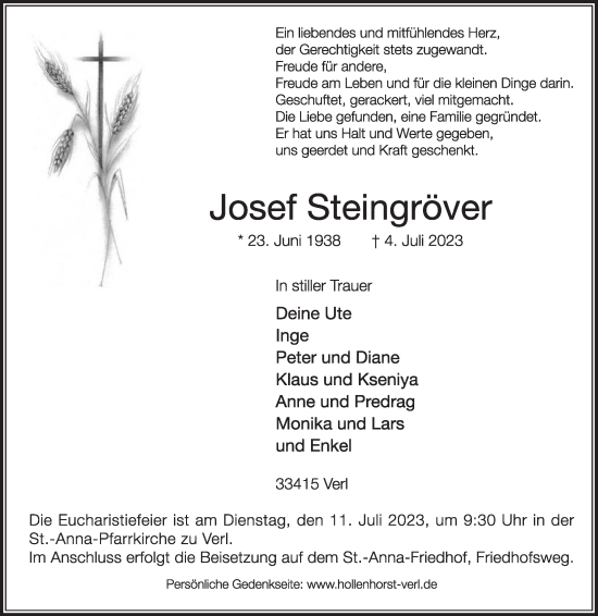 Traueranzeige von Josef Steingröver von Die Glocke