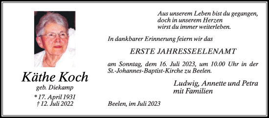 Traueranzeige von Käthe Koch von Die Glocke