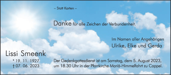 Traueranzeige von Lissi Smeenk von Die Glocke