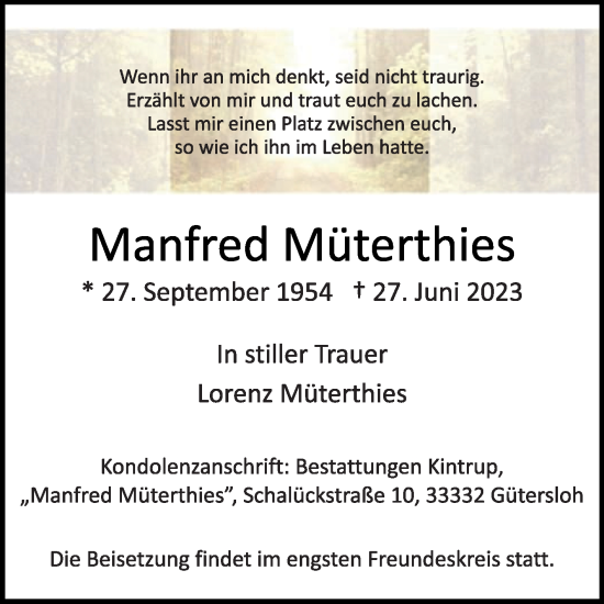 Traueranzeige von Manfred Müterthies von Die Glocke