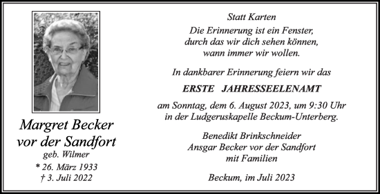 Traueranzeige von Margret Becker vor der Sandfort von Die Glocke