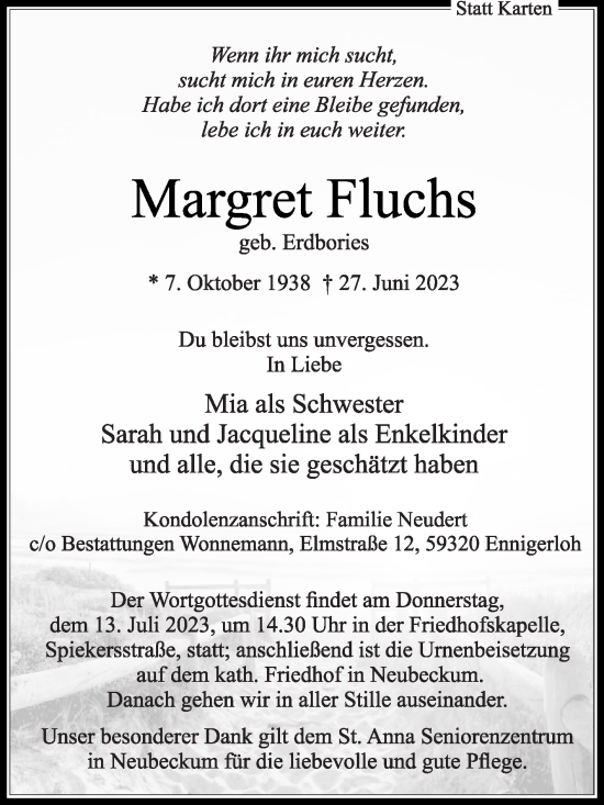 Traueranzeige von Margret Fluchs von Die Glocke