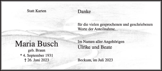 Traueranzeige von Maria Busch von Die Glocke