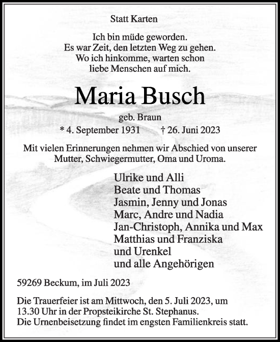 Traueranzeige von Maria Busch von Die Glocke