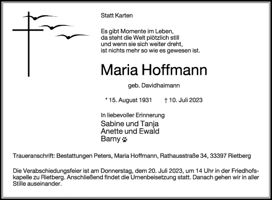 Traueranzeige von Maria Hoffmann von Die Glocke