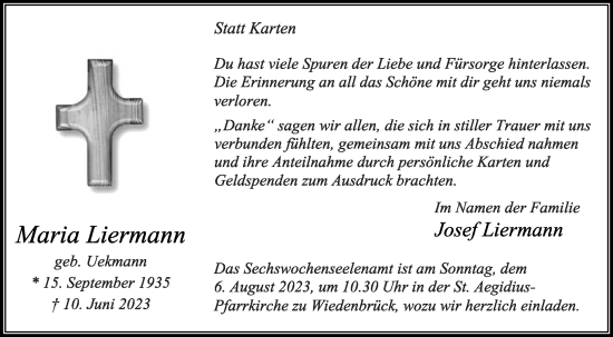 Traueranzeige von Maria Liermann von Die Glocke