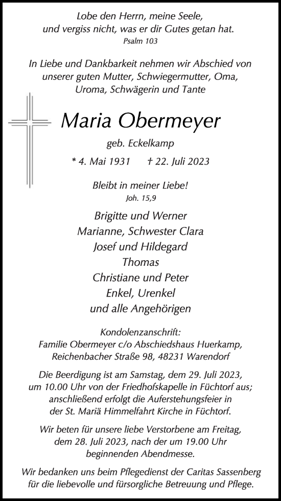Traueranzeige von Maria Obermeyer von Die Glocke