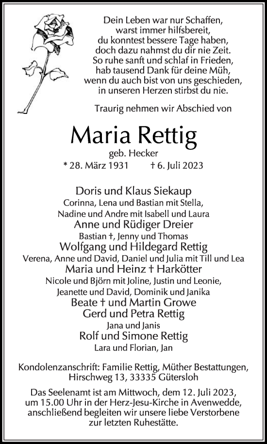 Traueranzeige von Maria Rettig von Die Glocke