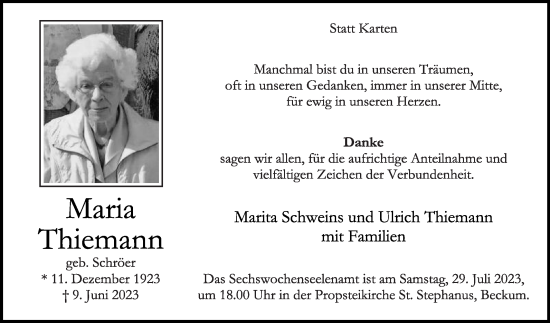 Traueranzeige von Maria Thiemann von Die Glocke