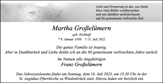 Traueranzeige von Martha Großelümern von Die Glocke