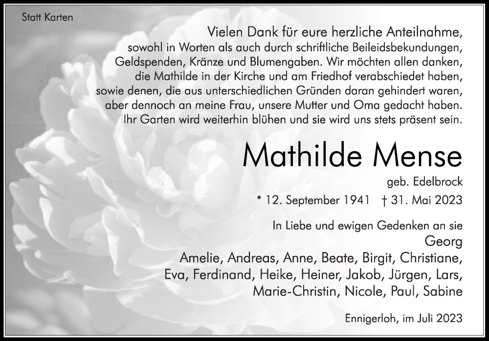  Traueranzeige für Mathilde Mense vom 22.07.2023 aus Die Glocke