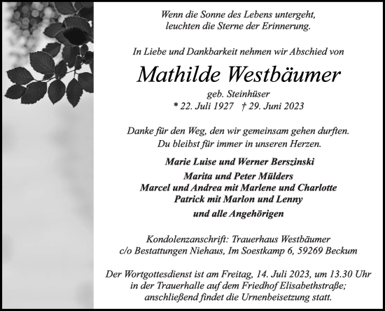 Traueranzeige von Mathilde Westbäumer von Die Glocke